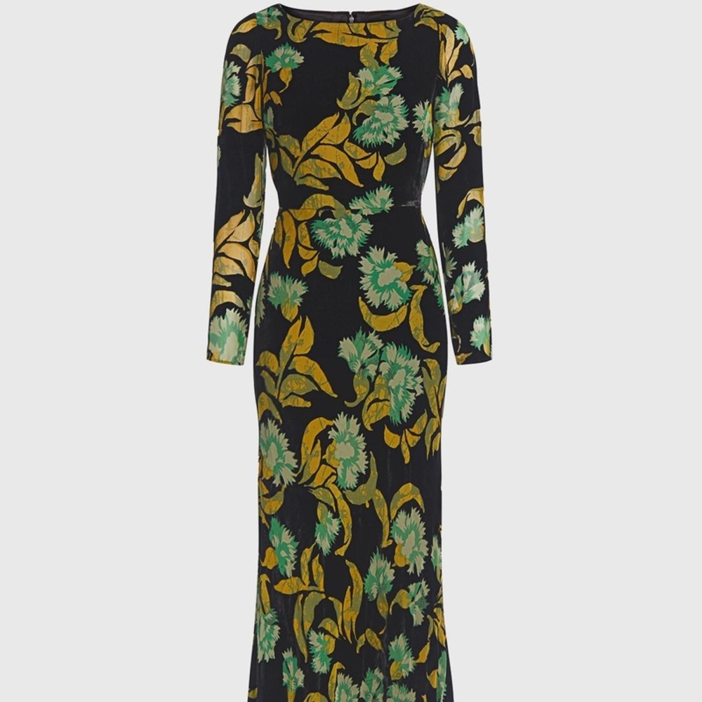 SALONI Black Dress with Green and Gold Floral Design